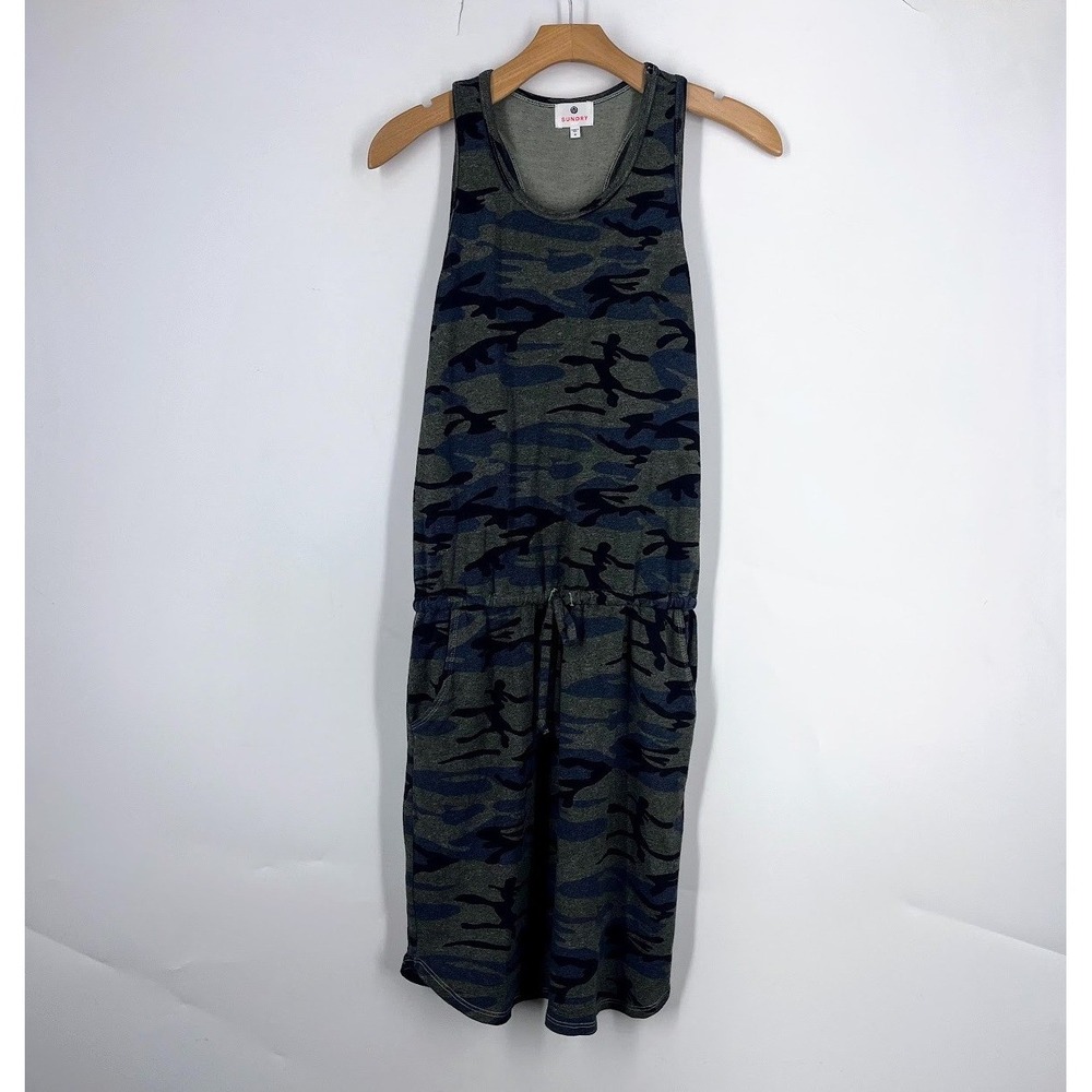 Sundry Womens Camo Racerback Blue Grey Drawstring Made in USA Dress Size M